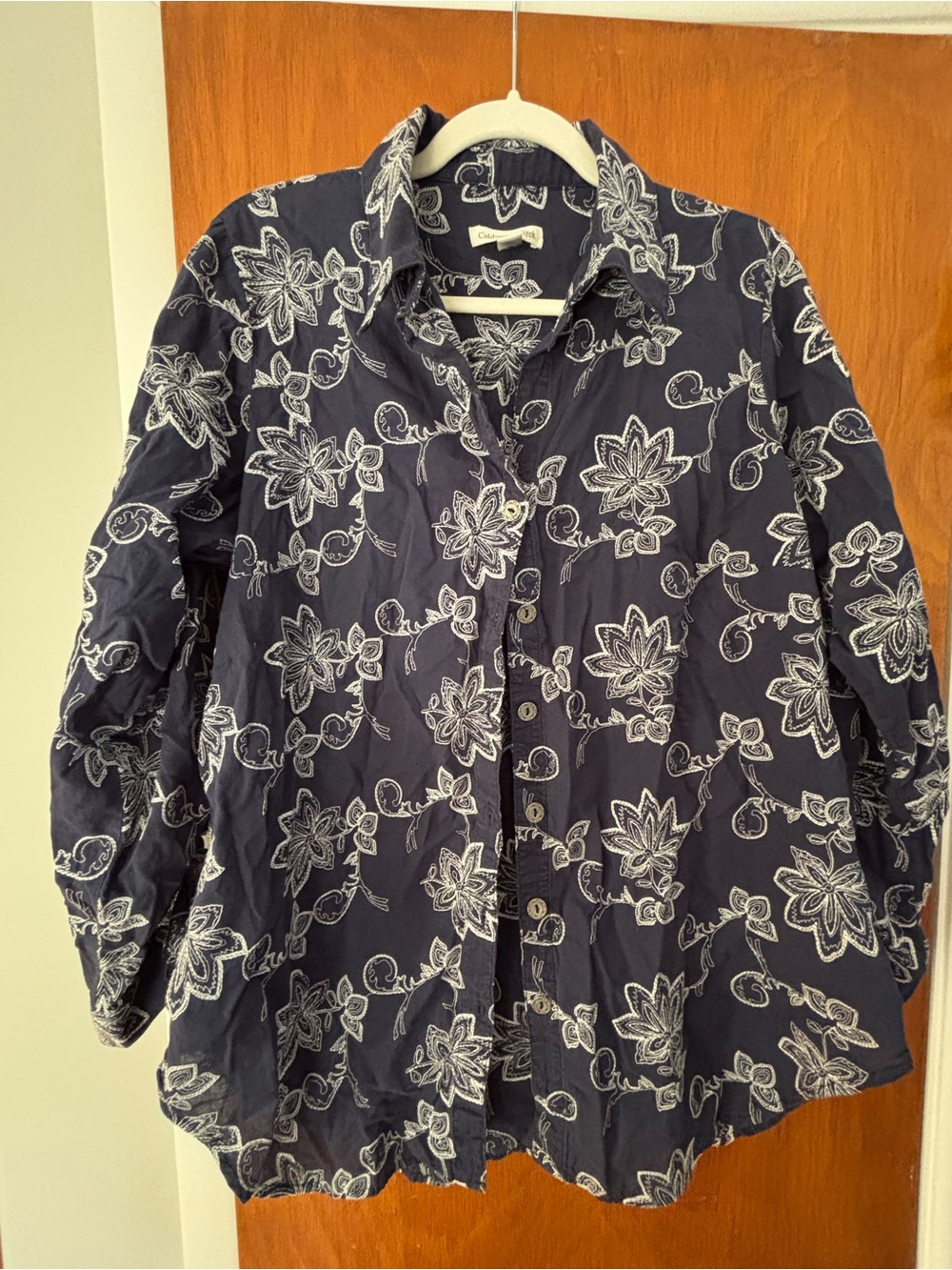 Coldwater Creek Navy Blouse with White Floral Print Embroidery